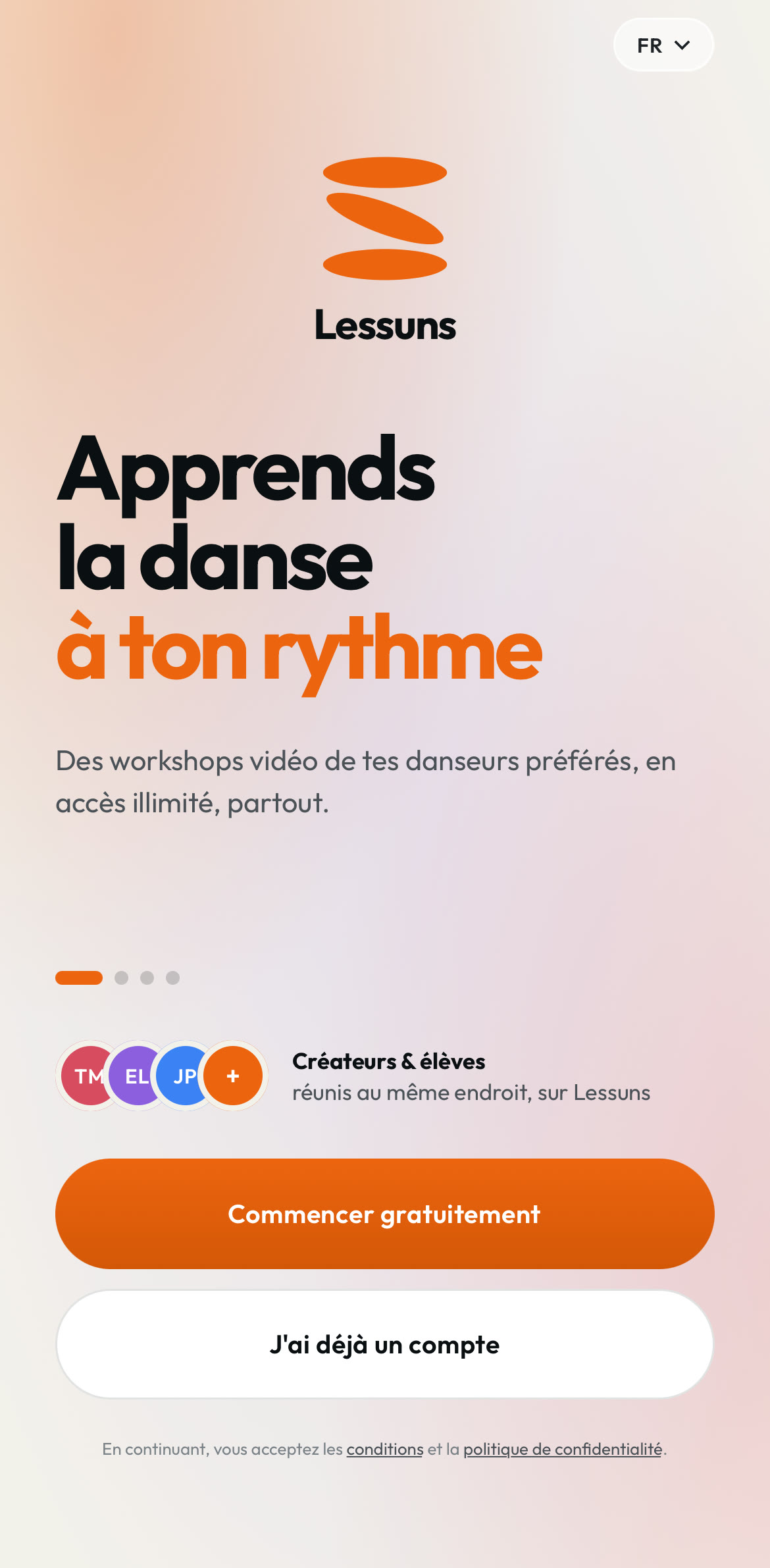 Écran d'accueil de l'application Lessuns